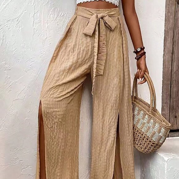 Khaki Casual Women's High Waist Wide Leg Pants With Bowknot And Side Slits - Picture 6 of 6